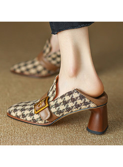 Elegant Round Toe Plaid Chunky Heel Women Shoes