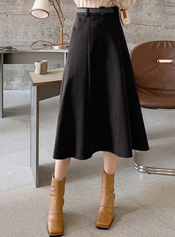 Women's Solid Color Woolen Big Hem Midi Skirts