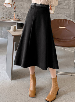 Women's Solid Color Woolen Big Hem Midi Skirts