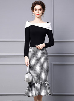 Thickened Color Contrast Knitwear & Plaid Mermaid Skirts For Women
