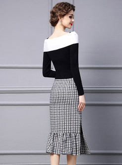 Thickened Color Contrast Knitwear & Plaid Mermaid Skirts For Women