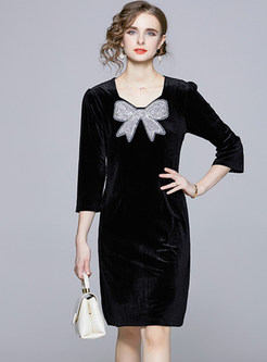 Fashion V-Neck Bowknot 3/4 Sleeve Velvet Little Black Dresses
