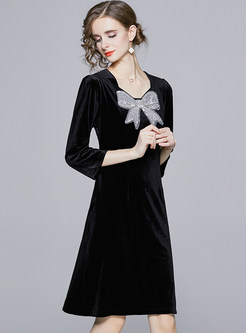 Fashion V-Neck Bowknot 3/4 Sleeve Velvet Little Black Dresses