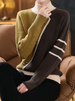Color Contrast Mock Neck Boxy Sweaters For Women