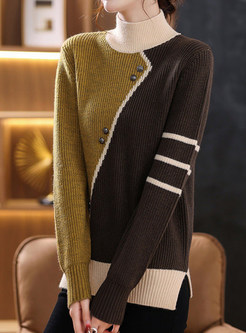 Color Contrast Mock Neck Boxy Sweaters For Women