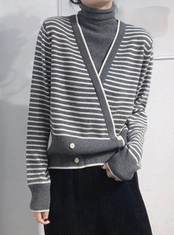 High Neck Striped Knitted Jumper For Women