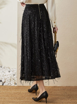 Stylish Fringes-Trimmed Sequined Long Skirts For Women