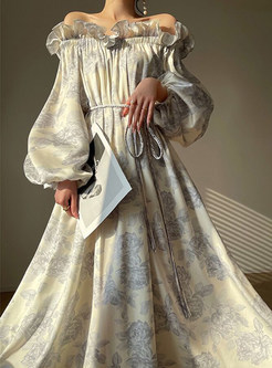 Distored Selvedge Off-The-Shoulder Chiffon Long Dresses