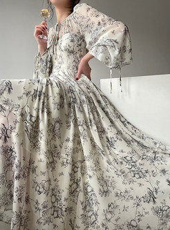 Big Hem High Waisted Chiffon Floral Print Maxi Dresses
