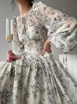 Big Hem High Waisted Chiffon Floral Print Maxi Dresses