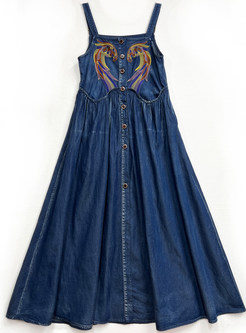 Vintage Embroidered Slit Denim Slip Dresses