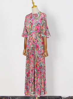Fashion Flare Sleeve Pleated Floral Print Big Hem Long Dresses