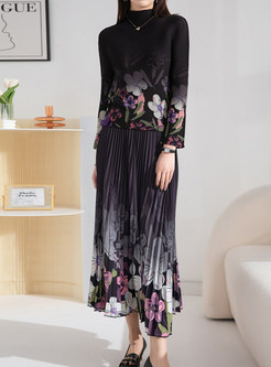 Mock Neck Printed Pleated Elegant Skirt Suits For Women