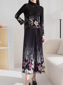 Mock Neck Printed Pleated Elegant Skirt Suits For Women