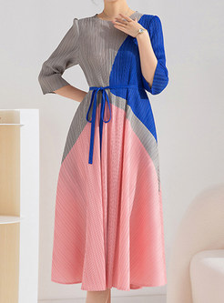 Relaxed Crewneck Tie Waist Color Contrast Casual Dresses