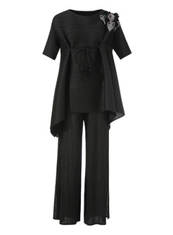 Women's Classic Comfortable Short Sleeve Tops & Boxy Slack Suit Set For Women
