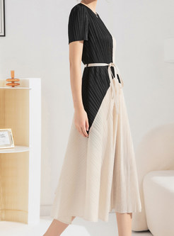 Glamorous Tie Waist Color Contrast Short Sleeve Midi Dresses