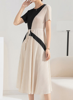 Glamorous Tie Waist Color Contrast Short Sleeve Midi Dresses