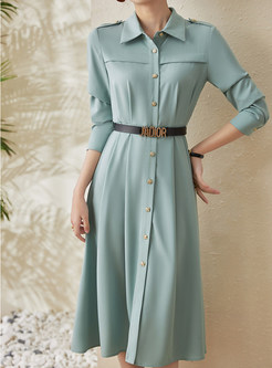 Shirt Collar Single-Breasted Solid Color Skater Dresses