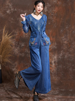 Vintage Embroidered Wide Leg Jeans For Women