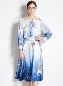 Womens Tie Neck Satin Printed Skirt Suits