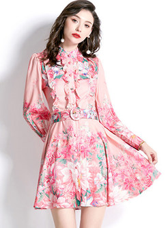 Fashion Waisted Floral Print Short Dresses