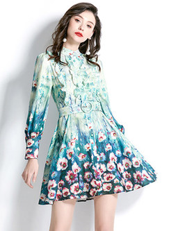 Fashion Waisted Floral Print Short Dresses
