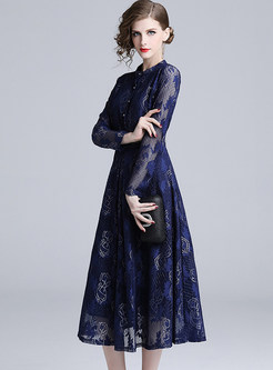 Mock Neck Water Soluble Lace Midi Dresses