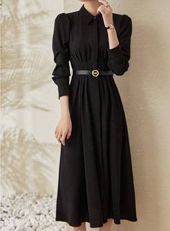 Turn-Down Collar Solid Color Long Sleeve Shirt Dresses