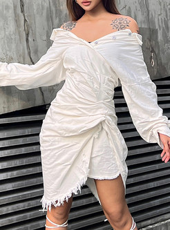 Glamorous Long Sleeve Pleated Irregular White Dresses