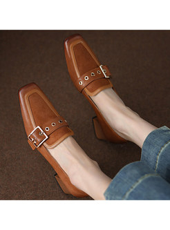 Square Toe Contrasting Block Heel Loafer Flat For Women