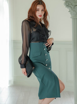Elegant Ruffles Transparent Blouses & Pencil Skirts For Business Women
