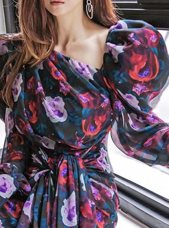 Sexy Puff Sleeve Printed Tulle Irregular Short Dresses