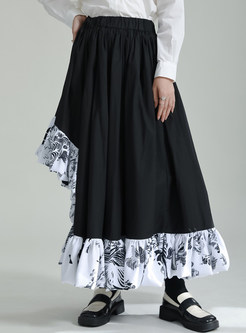 Vintage Irregular Patch Big Hem Black Maxi Skirts For Women
