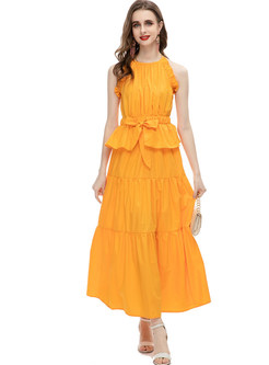 Exclusive Solid Color Ruffles Long Vest Dresses