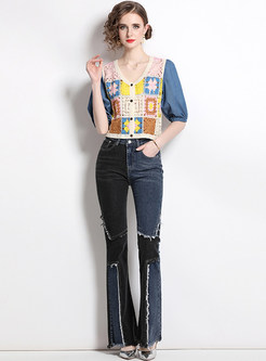Dreamy Crocheted Patch Top & Colorblock Flare Jeans For Women