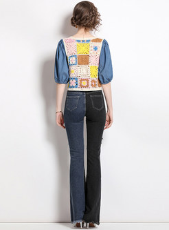 Dreamy Crocheted Patch Top & Colorblock Flare Jeans For Women