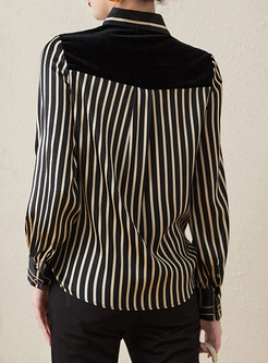 Turn-Down Collar Velvet Striped Patch Ladies Blouses