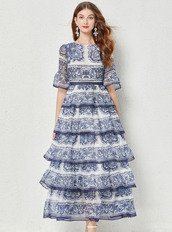 Ethnic Flare Sleeve Tiered Printed Long Dresses