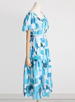 Bohemian Square Neck Puff Sleeve Allover Print Maxi Dresses