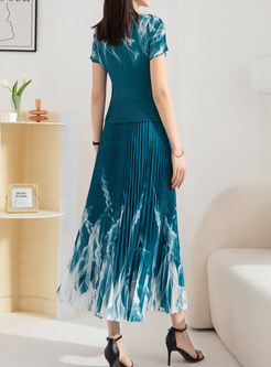 Mock Neck Short Sleeve Top & Pleated Printed Long Skirts For Women