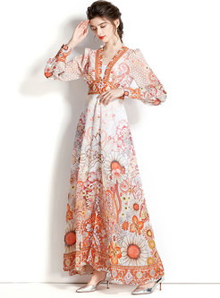 Romance Plunging Neck All Over Print Long Dresses
