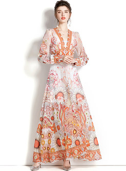 Romance Plunging Neck All Over Print Long Dresses