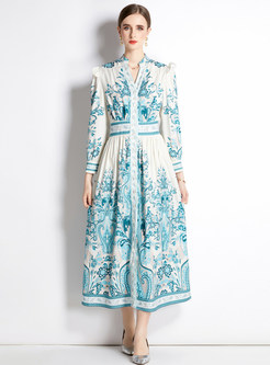 Fantasy V-Neck Long Sleeve Floral Print Maxi Dresses
