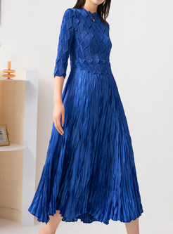 Comfortable Solid Color 3/4 Sleeve Big Hem Pleated Midi Dresses