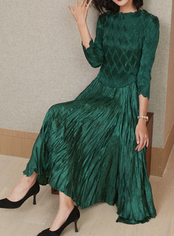 Comfortable Solid Color 3/4 Sleeve Big Hem Pleated Midi Dresses