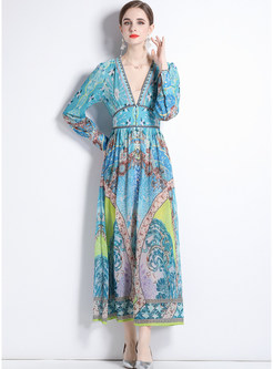 Stylish Deep V-Neck Long Sleeve Flutter Maxi Dresses