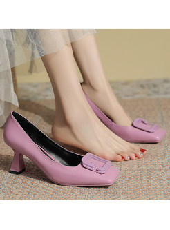 Square Toe Solid Color Block Heels PU Loafer Shoes For Women