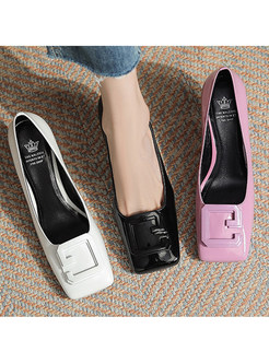Square Toe Solid Color Block Heels PU Loafer Shoes For Women