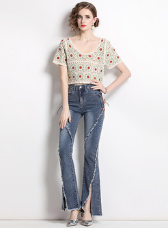Daily Openwork Tops & Tight Split Flare Jeans For Women